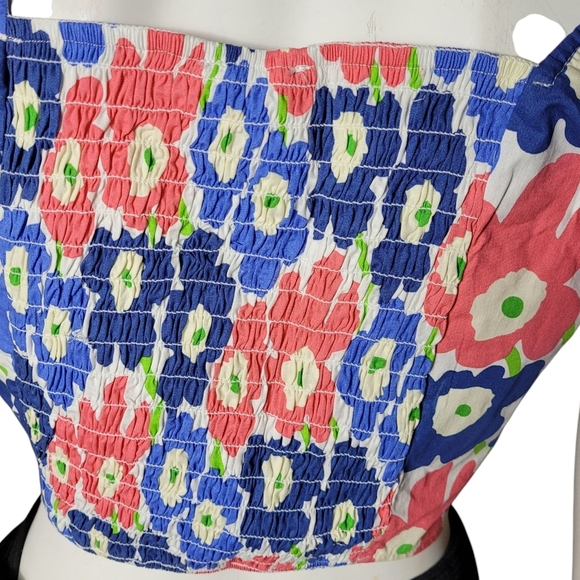 Ruffle Sleeve Square Neck Smock Floral Crop Top Blue Multi Smocked Back - Picture 9 of 14